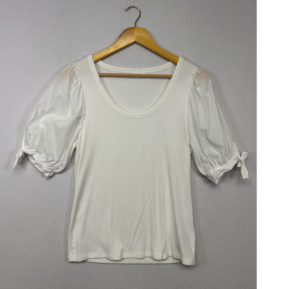 Cottagecore Romantic GAP Women Medium White Puff Sleeve Ribbed Mixed Media Top